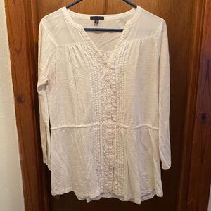 GAP white button up, lace detail, belted tunic shirt, size M